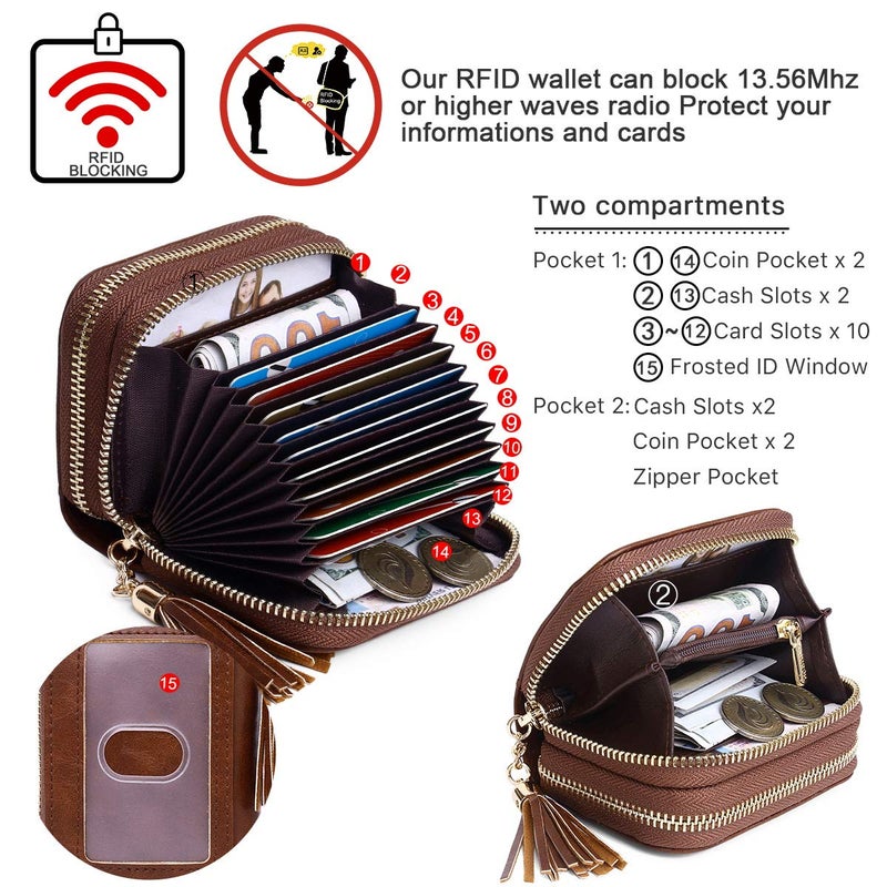 APHISON RFID Credit Card Holder Zipper Card Case Keychain Small Wallet for Women 1942-2 COFFEE - Image 3